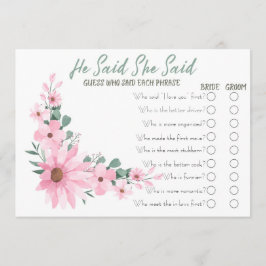 Tarjeta De Consejos Pink Flowers He Said She Said Bridal Shower Game
