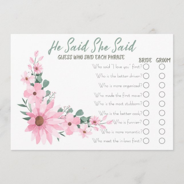 Tarjeta De Consejos Pink Flowers He Said She Said Bridal Shower Game (Anverso)