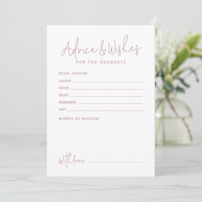 Tarjeta De Consejos Pink Simple Modern Script Graduate advice & wishes (Anverso de pie)