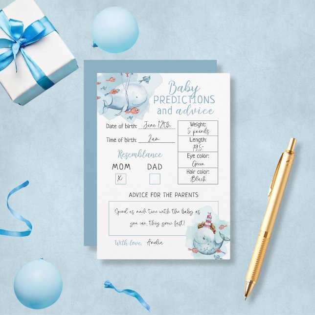 Tarjeta De Consejos Predicciones De Bebés De Baby Shower De Ballena Y (Whale Baby Shower Baby Predictions And Advice Card
)