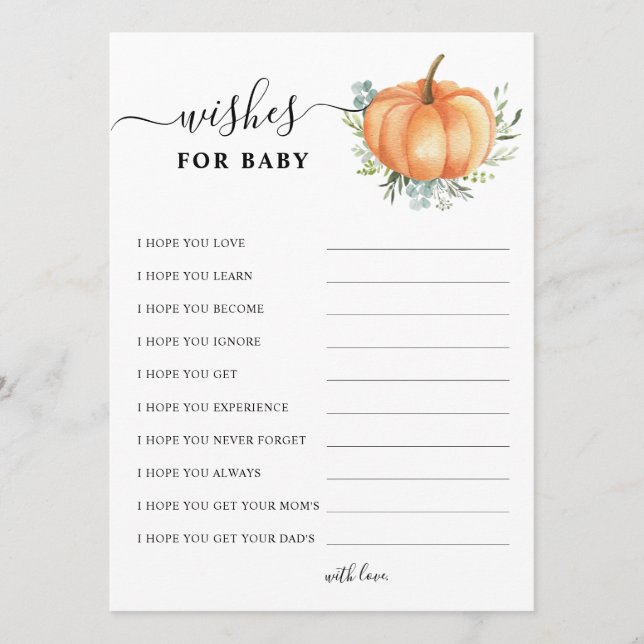 Tarjeta De Consejos Quebrada de calabaza verde oro Baby Shower quiere (Anverso)