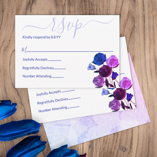Tarjeta De Consejos Rosa, Azul Real, Boda Violeta de Berry Floral RSVP (berry purple dark blue wine wedding color palette rsvp enclosure cards reply response botanical rose)