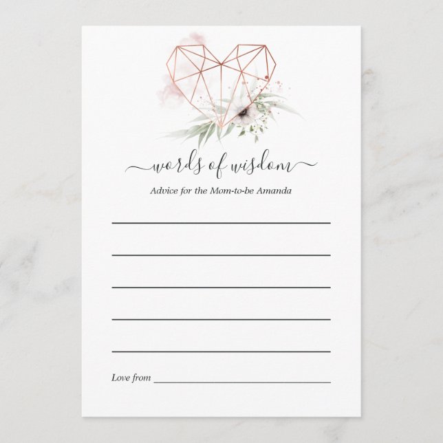 Tarjeta De Consejos Rosa Gold Eucalyptus Geométrico Baby Shower (Anverso)