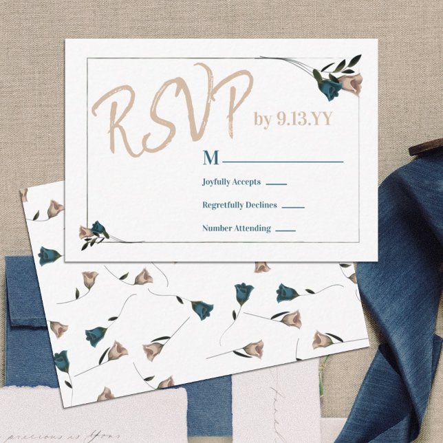 Tarjeta De Consejos Rosas Botánicos Verde azulados de Beige Verde RSVP (Teal, beige rose rsvp card for teal floral bat mitzvah invitations, script calligraphy reply cards)