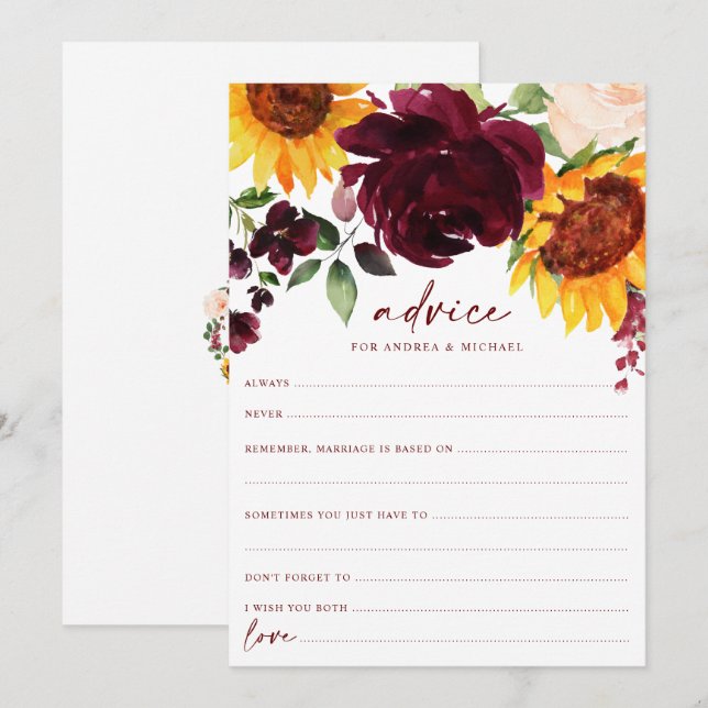 Tarjeta De Consejos Rosas de girasoles y borgoñas caen en matrimonio (Anverso / Reverso)