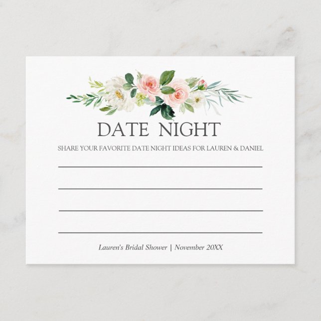 Tarjeta De Consejos Rubor moderno | Ducha de novia Fecha de rosa noche (Anverso)
