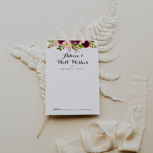 Tarjeta De Consejos Rústico Rubor Burgundy Floral Boda Bien Deseos (Subido por el creador)