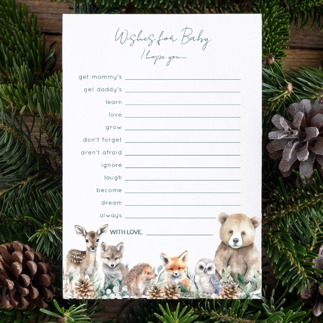 Tarjeta De Consejos Rústicos animales de Woodland desean una partida p (This Wishes for Baby game is perfect for a rustic, winter baby shower for a baby boy or girl.)