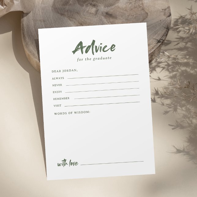 Tarjeta De Consejos Sage Simple Moderno Script Graduación (Sage Simple Modern Brush Script Graduation Advice Card)
