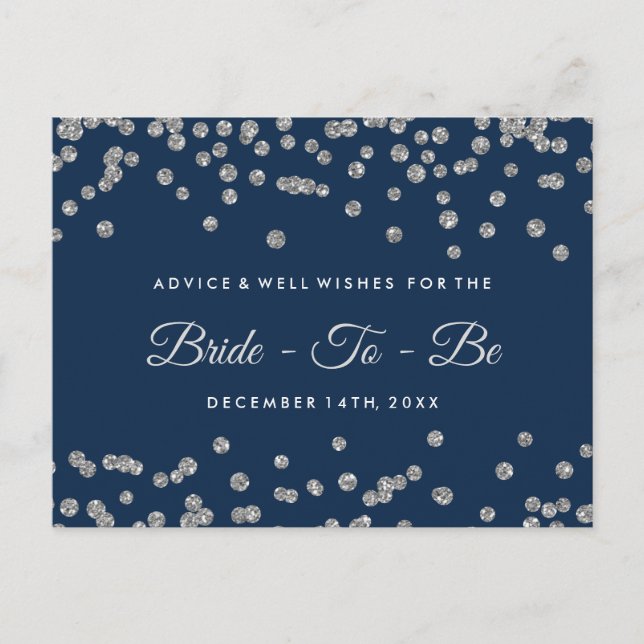 Tarjeta De Consejos Silver Faux Purpurina Confetti Navy Bridal Advance (Anverso)