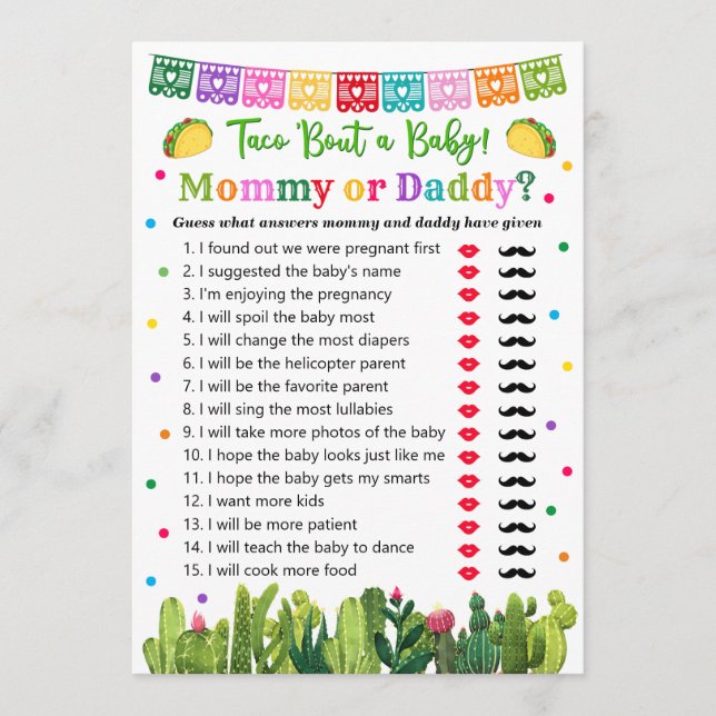 Tarjeta De Consejos Taco Baby Shower Mommy o Daddy (Anverso)