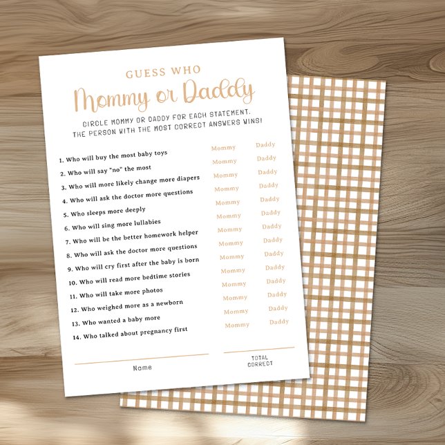 Tarjeta De Consejos Taupe Mommy or Daddy Baby Shower Game Card (Mommy or Daddy Game Sheet)