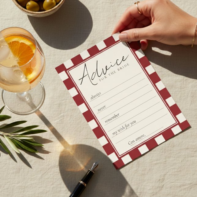 Tarjeta De Consejos That's Amore Despedida de Soltera Cuadrada Roja  (*AI Generated Mockup of That's Amore Red Checkered Bridal Shower Advice Card)