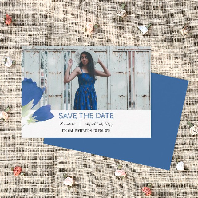 Tarjeta De Consejos Tulipanes Azules, Cumpleaños Save the Date (blue birthday save the date card template with photo)