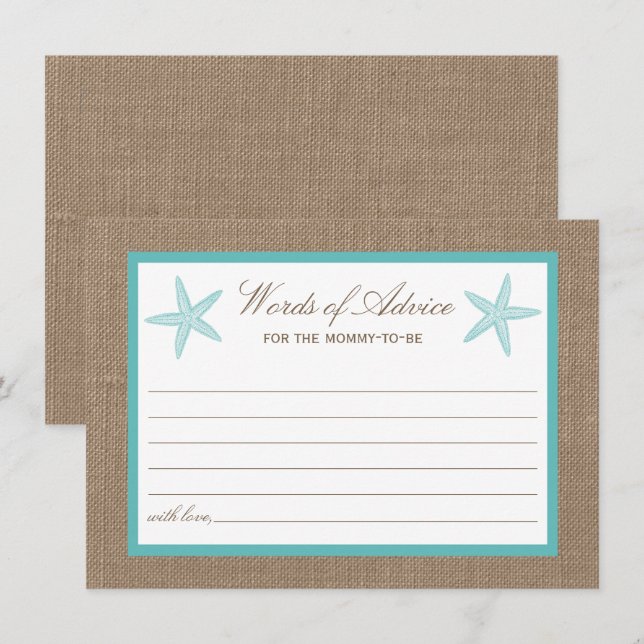 Tarjeta De Consejos Turquoise Starfish Burlap Beach Baby Shower (Anverso / Reverso)
