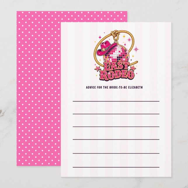 Tarjeta De Consejos Último Rodeo Disco Vaquera Despedida de Soltera (Anverso / Reverso)