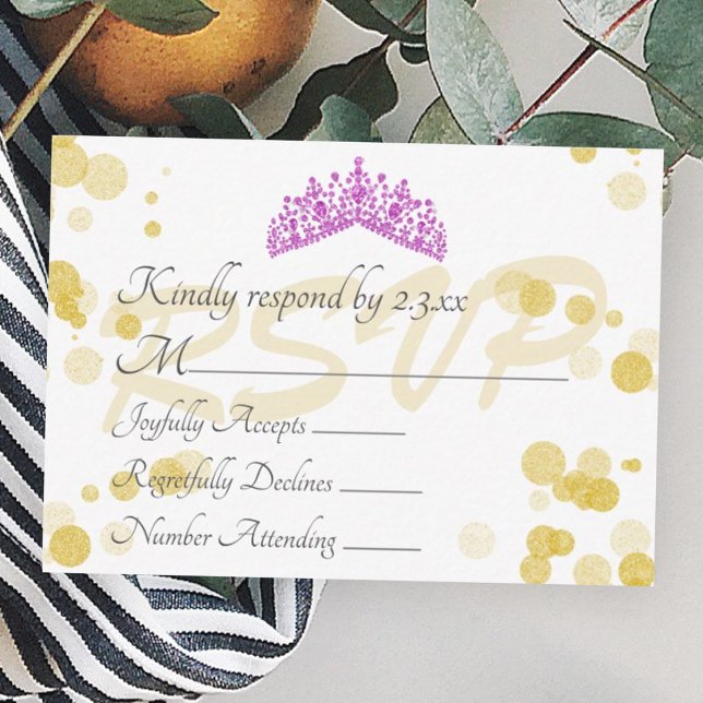 Tarjeta De Consejos Violet Tiara y Gold Shimmery Luces RSVP Card (gold shimmery lights violet pink tiara crown quinceanera rsvp enclosure card, pink gold reply card)