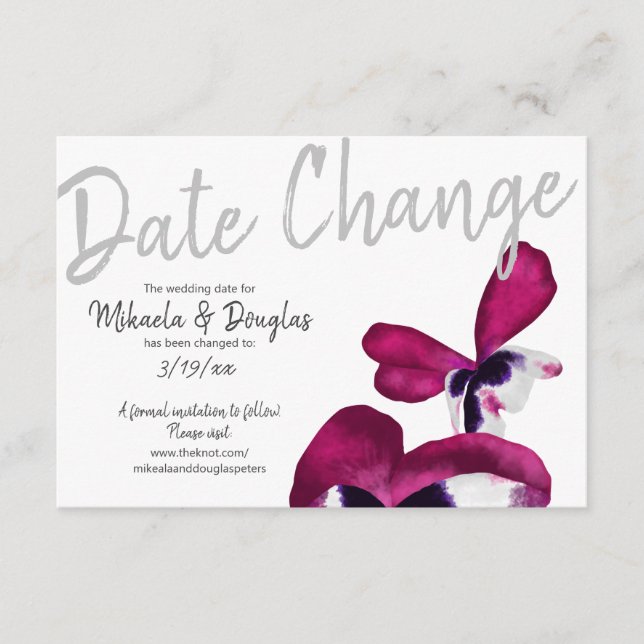 Tarjeta De Consejos Violet, Turquoise Pansies Boda de cambio de fecha (Anverso)