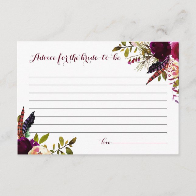 Tarjeta De Consejos Watercolor Boho Floral Autumn Advice para la novia (Anverso)