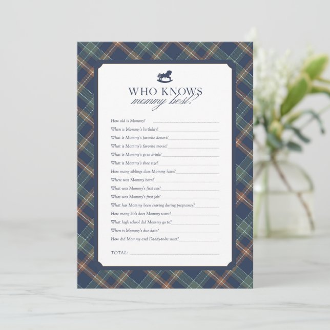 Tarjeta De Consejos Who Knows Mommy Best Baby Shower Game Navy Plaid (Anverso de pie)