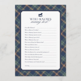 Tarjeta De Consejos Who Knows Mommy Best Baby Shower Game Navy Plaid