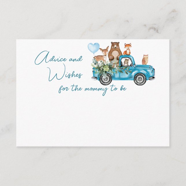 Tarjeta De Consejos Woodland Animals Blue Truck Baby Shower (Anverso)