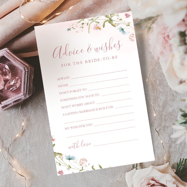 Tarjeta de consejos y deseos de boda de flor silve (Pink Wildflower wedding advice & wishes card)