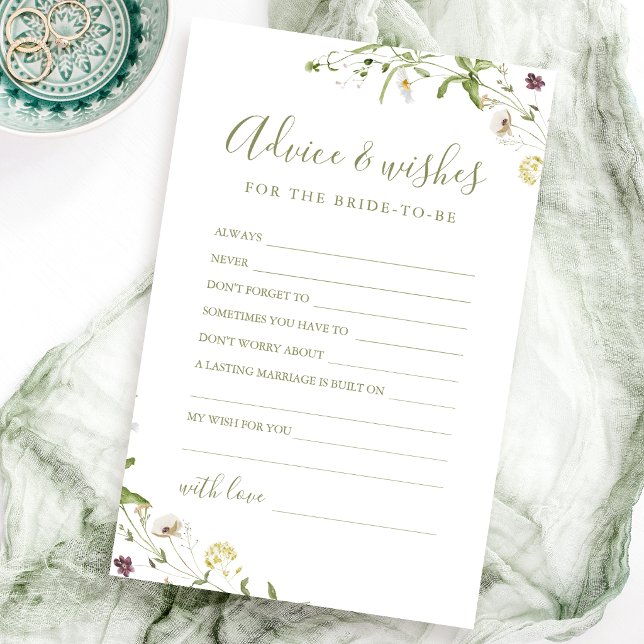 Tarjeta de consejos y deseos de boda de flores sil (Elegant Wildflower wedding advice & wishes card)