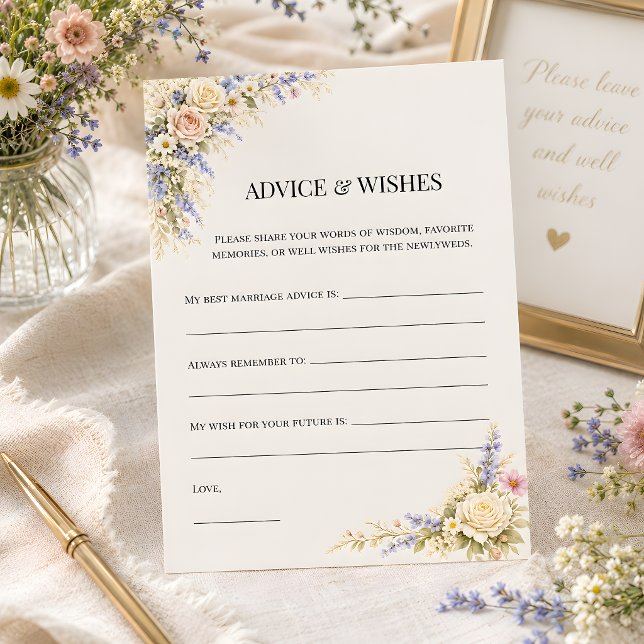 Tarjeta de consejos y deseos de pradera de flores  (Part of the luxury wildflower meadow wedding theme collection, advice & wishes card)
