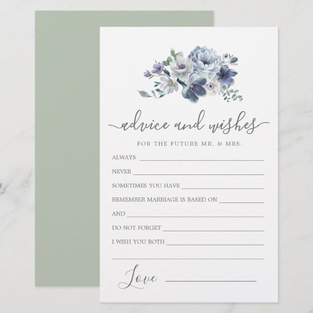 Tarjeta de consejos y deseos florales en Rosa azul (Anverso / Reverso)