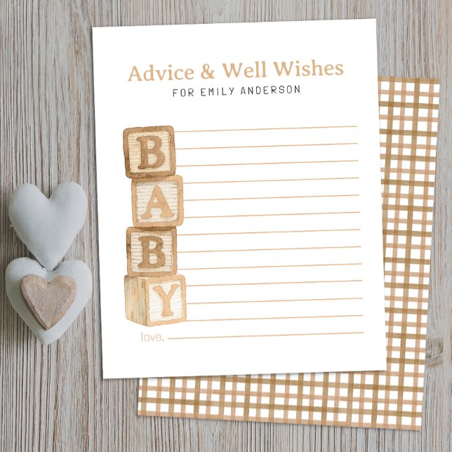 Tarjeta de Consejos y Deseos para Bloques de Bebé  (Advice & Well Wishes Baby Shower Activity)