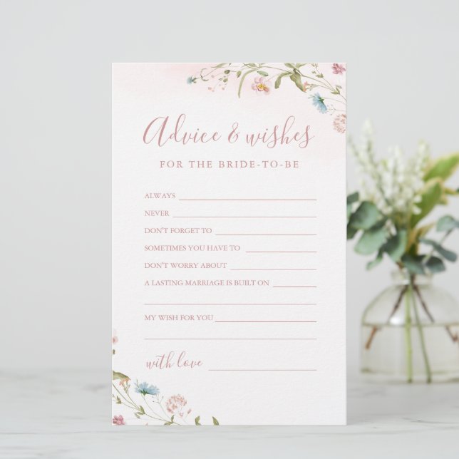 Tarjeta de consejos y deseos para bodas de flores  (Anverso de pie)