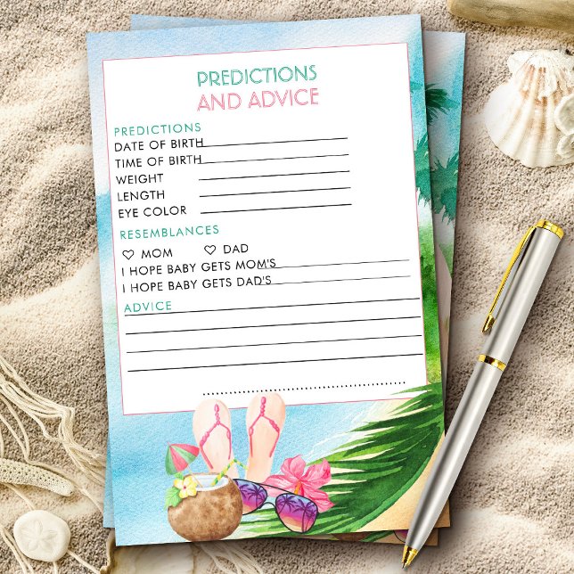 Tarjeta de consejos y predicciones de la playa de  (Baby shower activity with tropical beach surfing theme from my Baby on Board baby shower collection)