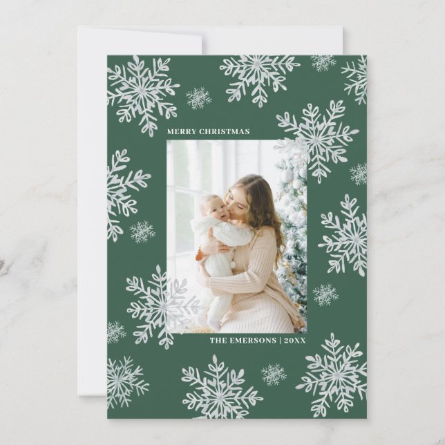 Tarjeta de copo de nieve de Navidad elegante verde (Anverso)