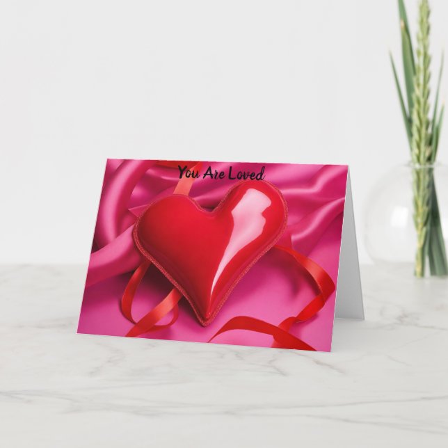 Tarjeta de corazón de San Valentín con lazo rosa d (Anverso)
