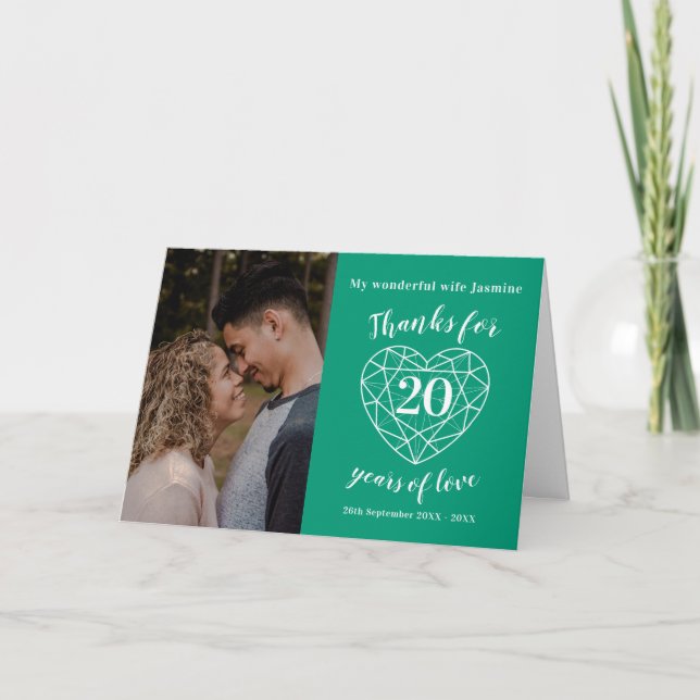 Tarjeta de corazón verde esmeralda en el 20° anive (Anverso)