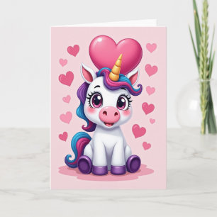 Tarjeta de corazones de amor de unicornio adorable