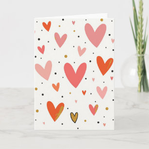 Tarjeta de corazones rojos rosados con destellos