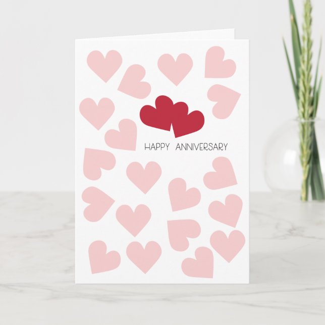 Tarjeta de corazones rojos y rosados feliz anivers (Anverso)