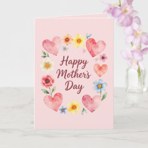 Tarjeta de corazones y flores rosadas del día de l