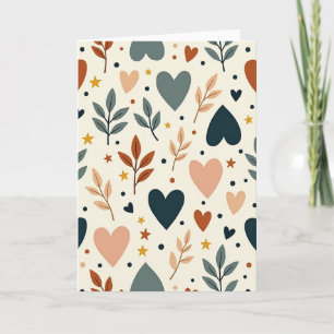 Tarjeta de corazones y hojas de amor boho