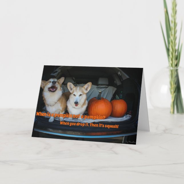 Tarjeta de corgi de calabaza de Halloween (Anverso)