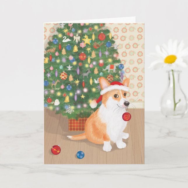 Tarjeta de Corgi lindo con árbol de Navidad (Planta pequeña)