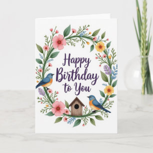 Tarjeta de corona de cumpleaños de pájaro azul