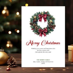 Tarjeta de corona de Navidad elegante con piñas