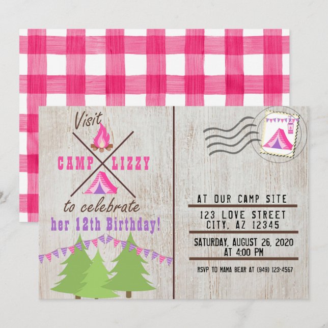 Tarjeta de correo Pink Camping Wood Flannel Cumple (Anverso / Reverso)