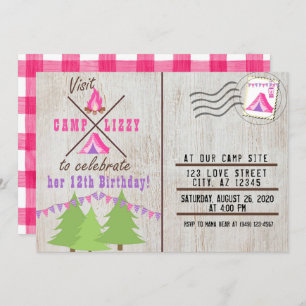 Tarjeta de correo Pink Camping Wood Flannel Cumple