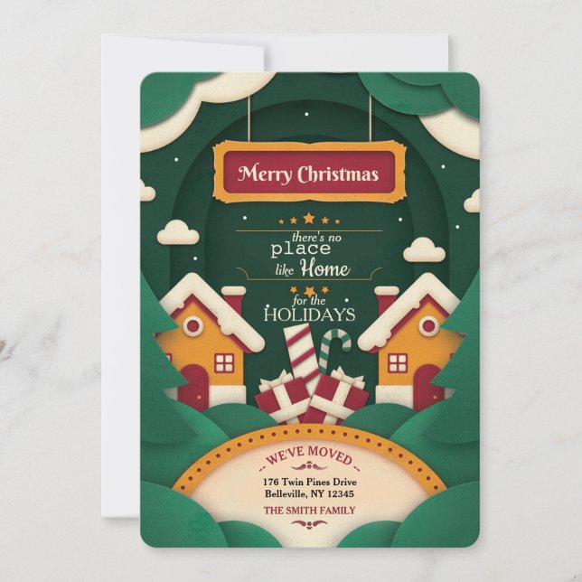 Tarjeta de corte de Feliz Navidad y nueva casa (Anverso)