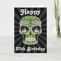 Tarjeta de cráneo de azúcar de cumpleaños 20 feliz