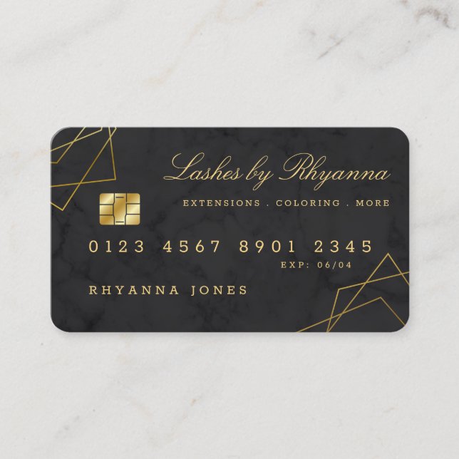 Tarjeta de crédito Black Marble Faux Gold Geo Line (Anverso)